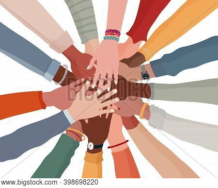 Group Hands On Top Of Each Other Of Diverse Multi-ethnic And Multicultural People.diversity People.d