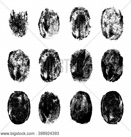 Finger Prints. Human Realistic Black Ink Fingerprints. Grunge Hand Mark Texture. Identification Indi