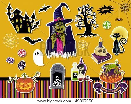 Halloween symbolen en iconen - Set van papier knipsel stickers met Halloween symbolen, met inbegrip van heks, 