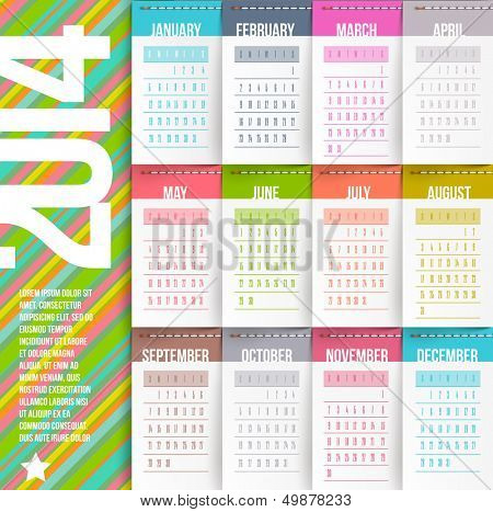 Modelo de design do vetor - calendário de 2014 com Etiquetas costuradas-meses