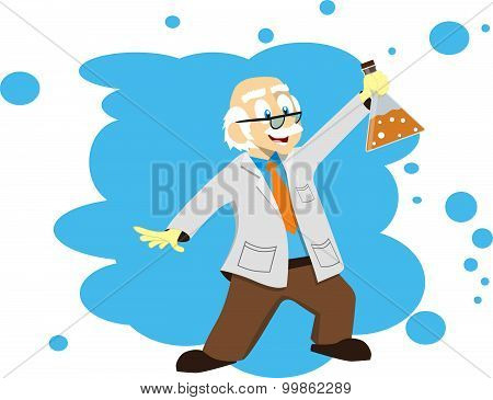 Cartoon scientist, doctor, professor with a flask. Vector illustration. Science for kids