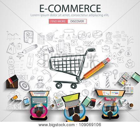 E-commerce Concept with Doodle design style :on line marketing, social media,creative thinking. Modern style illustration for web banners, brochure and flyers.