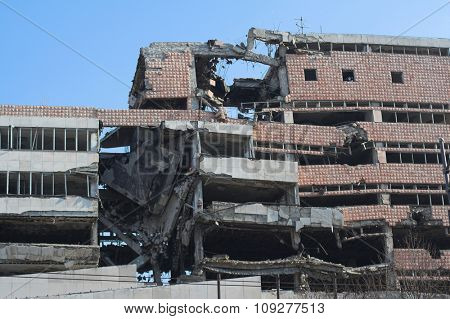 Bombed and abandoned  building of war.  Architecture ruins and destruction