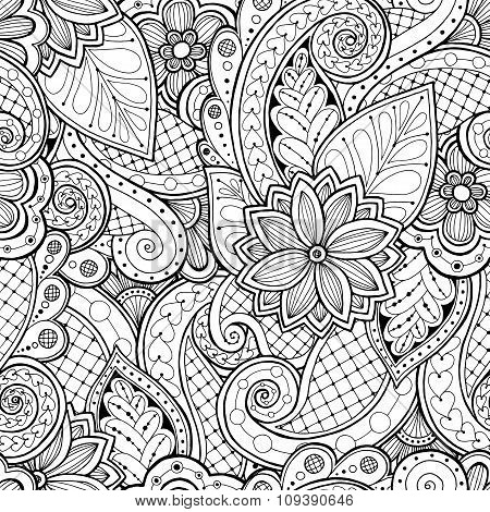 Seamless background in vector with doodles, flowers and paisley.