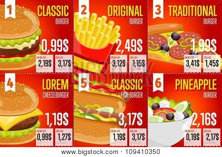 Fast food restaurant menu template vector illustration elements. Set of abstract advertising price tags about fast food meal. Six banners of fast food. Burger, fries, hot dog and pizza. Food menu design. Fast food cafe flyer. Fast food menu card.