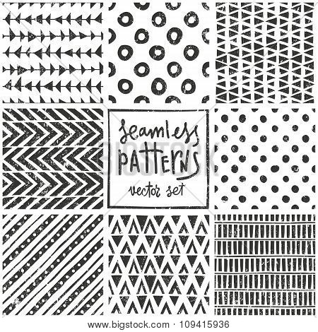 Set of 8 primitive geometric patterns. Tribal seamless backgrounds. Stylish trendy print. Modern abs