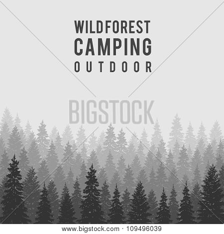 Vector wild coniferous forest background. Outdoor camping design template