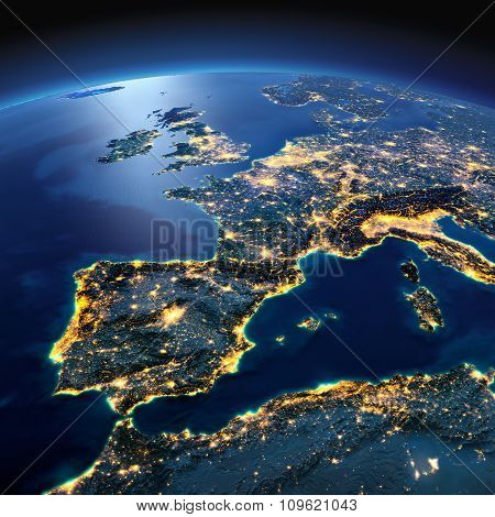 Detailed Earth. Spain And The Mediterranean Sea On A Moonlit Night