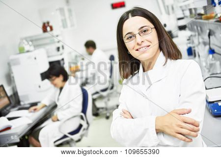 Portrait of pharmaceutical scientific female researcher at pharmacy industry manufacture factory laboratory