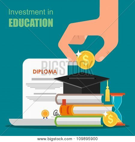 Invest in education concept. Vector illustration flat design. Stack of books, diploma and university