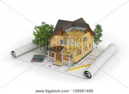 Concept Of Construction. 3D Render Of House In Building Process With Trees, Calculator And Pencil On