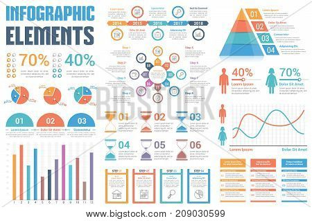 Infographic Elements - pie charts, timeline, percents, bar graph, line graph, people infographics, circle diagram, pyramid, steps, options, vector eps10 illustration