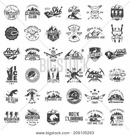 Rock and ice climbing, skiing, alpine and hiking club. Vector illustration. Set of vintage badges, labels, logos, silhouettes. Vintage typography collection with 36 items. Outdoors adventure emblems.