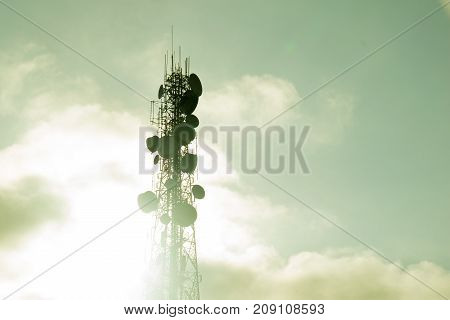 Up view mobile range antenna tower mast communication electricity radio reception news delivery send transmission tower wireless technology