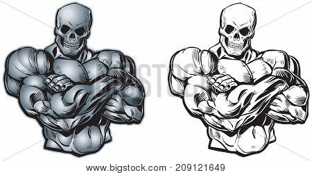 Vector cartoon clip art illustration of a scary tough muscular male torso with arms crossed and a skull for a head or face. In color and black and white.