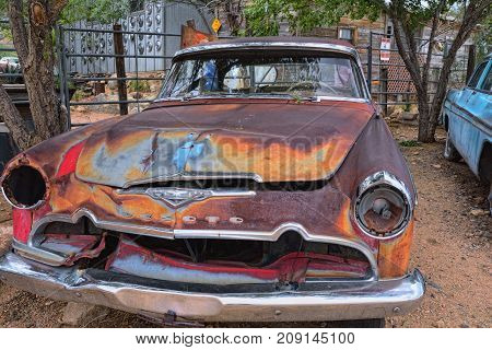 Hackberry, Arizona, Usa - July 24, 2017: Red old abandoned Desoto car at Hackberry General Store, Arizona along historic route 66.