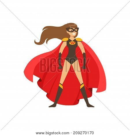 Female superhero in classic comics black costume with red cape and mask. Smiling flat cartoon hero character with super powers. Friendly girl stands confidently. Vector illustration isolated.