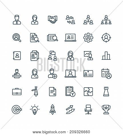 Vector thin line icons set and graphic design elements. Illustration with business and management outline symbols. Marketing research, strategy, work people, career, job interview linear pictogram