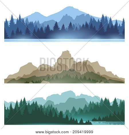 Foggy mountains landscape set vector illustration. Smokey rocky panorama with mountains skyline and pine tree forest silhouettes