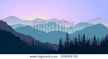 landscape with silhouettes of mountains and forest at sunrise. Vector illustration. mountains, hills, trees, mist, sun beam with sunrise or sunset sky. For prints, posters, wallpapers, web, background