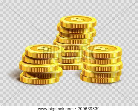 Gold coins pile or golden dollar coin money bank heap. Vector shiny metal cent coins on transparent background for casino poker jackpot win game