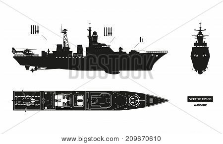 Detailed silhouette of military ship. Top, front and side view. Battleship model. Industrial drawing. Warship in flat style. Vector illustration