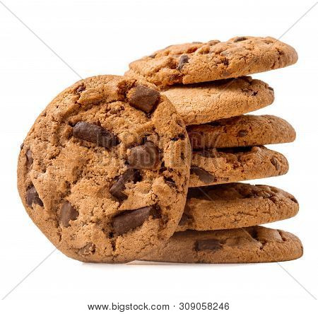 Chocolate Chip Cookies Isolated On White Background. Cocoa Butter Cookies Close Up