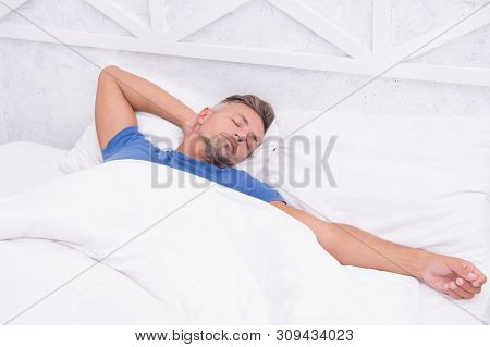 Tips Sleeping Better. Bearded Peaceful Man Sleeping Face Relaxing On Pillow Covered Blanket. Total R