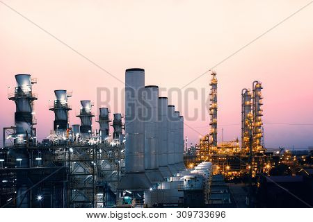 Factory Of Oil And Gas Refinery Industrial Plant With Sunrise Sky Background, Petrochemical Industry