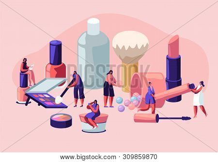 Women In Beautician Parlor. Female Characters Testing Skin Care Products In Beauty Salon. Makeup Cou