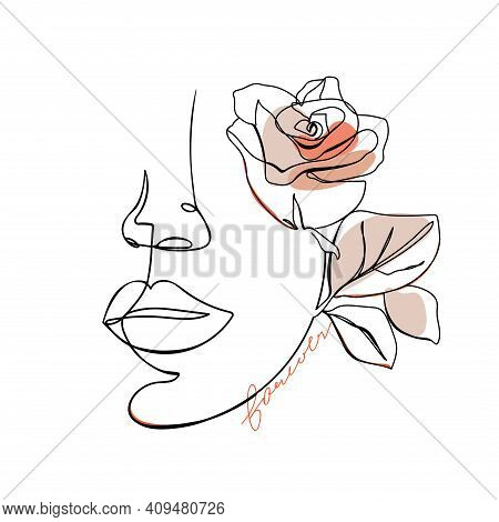 Trendy Abstract One Line Woman Face With Rose Flower And Lettering. Fashion Typography Slogan Design