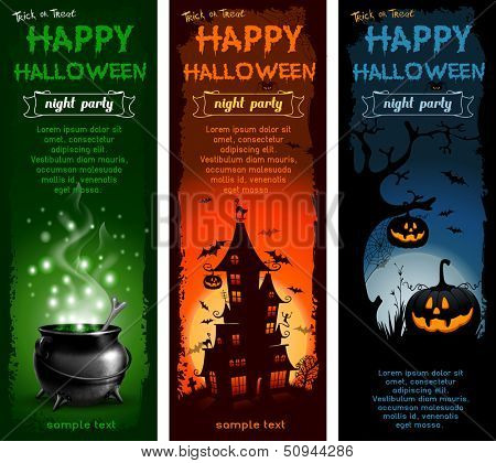 Set of Halloween night backgrounds with pumpkin, haunted house and magic cauldron