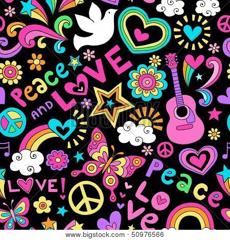 Peace, Love, and Music Seamless Pattern Groovy Retro Notebook Doodle Design- Hand-Drawn Illustration Background