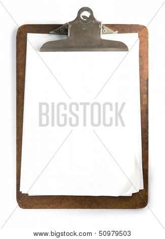 Old used clipboard with roughly placed sheets of paper and folded corners. Clipboard of heavy daily use, isolated on white. 