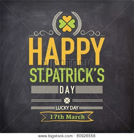 Happy St. Patrick's Day celebration poster or banner design with clover leaf on chalkboard background.