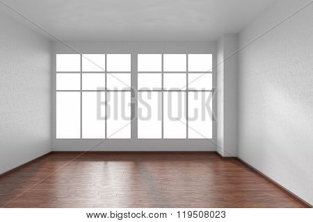 Empty Room With Dark Parquet Floor, Textured White Walls And Big Window