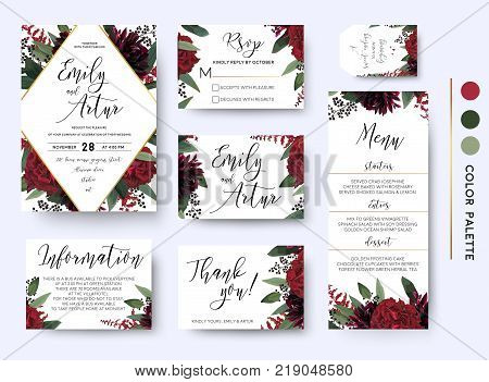 Wedding invite invitation save the date rsvp thank you information cards set. Vector watercolor floral bouquet rhombus frame design: red burgundy Rose flower green leaves Eucalyptus branch & berries