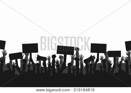 Crowd of protesters people. Silhouettes of people with banners and megaphones. Concept of revolution or protest. Vector