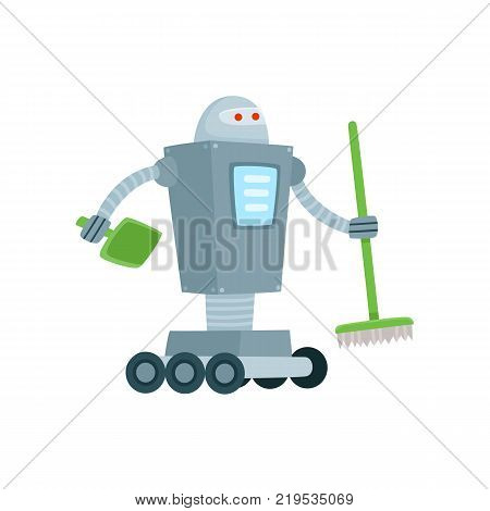 Robot cleaner, home assistant with broom and shovel, cartoon vector illustration isolated on white background. Funny robot assistant, home cleaner sweeping floor with broom and shovel