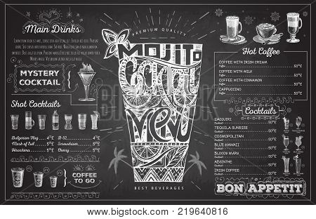 Vintage chalk drawing cocktail menu design. Restaurant menu