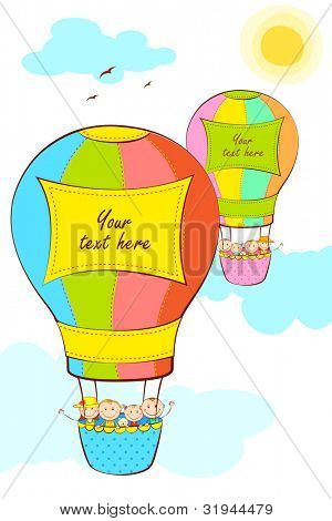 illustration of kid in hot air balloon with copy space