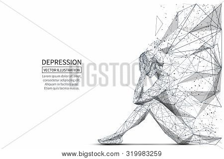 Depression Low Poly Banner Template. 3d Polygonal Woman. Depressed Sitting Girl, Psychological Disea