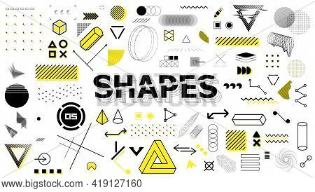 Geometric Sign, Shapes, Elements In Memphis Style. Universal Graphics Design Elements, Trendy Retrof