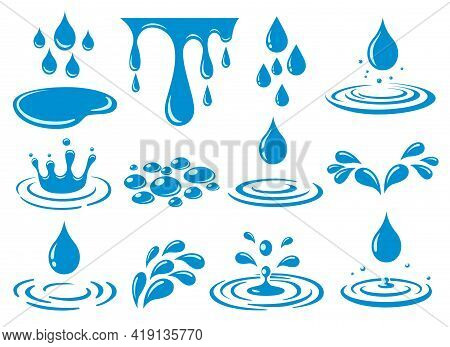 Cartoon Water Drop Splash. Waters Splashing Drops And Puddles Vector Illustration, Liquid Rain Blobs