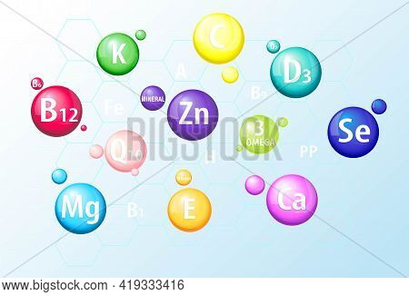 Vitamins, Minerals A, B12, C, D3, E, Selenium, Calcium, Magnesium, Zinc. Set Of 3d Icons. Capsules, 