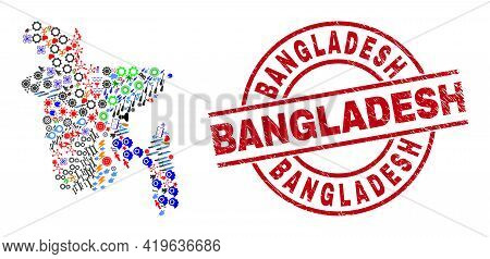 Bangladesh Map Collage And Unclean Bangladesh Red Round Stamp Seal. Bangladesh Stamp Uses Vector Lin