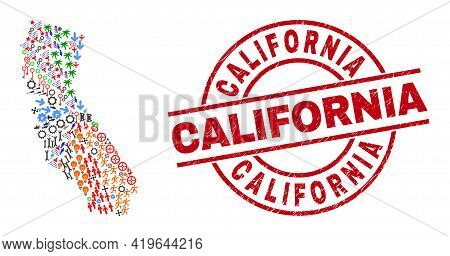 California State Map Collage And California Red Round Stamp Seal. California Stamp Uses Vector Lines