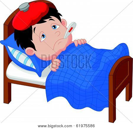 Cartoon Sick boy lying in bed