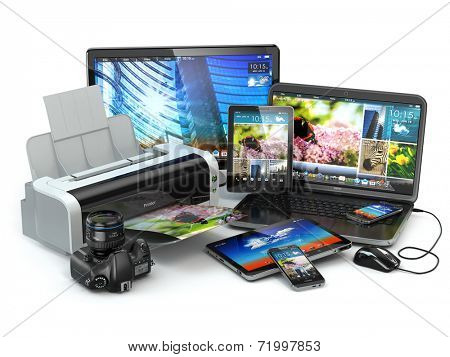 Computer devices. Mobile phone, laptop, printer, camera and tablet pc. 3d