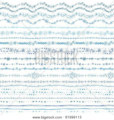 Hand drawn seamless  line border set.Winter Doodle decor